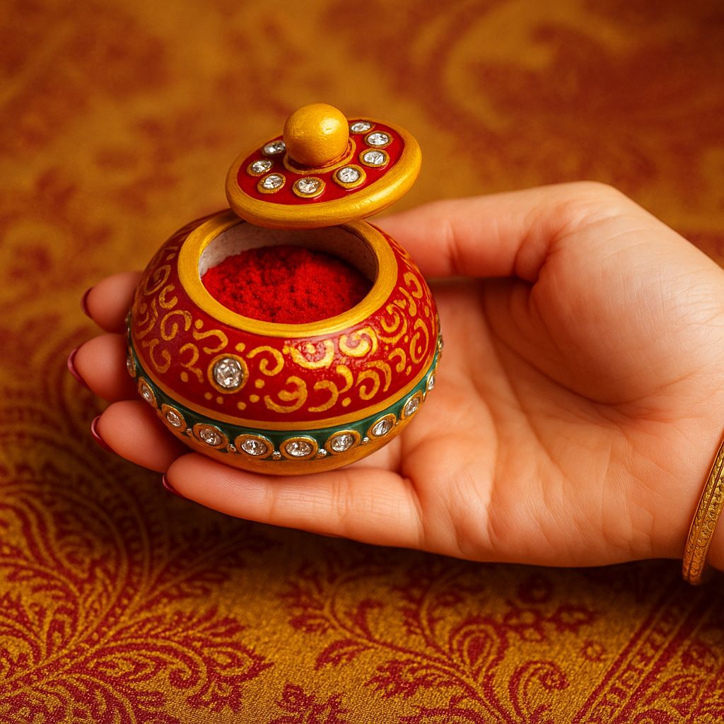 DEHATIBAZAR | Marble Sindoor Dani 2 inch with Lid |  Red and Gold Traditional Design | Hand-Painted Round Storage Container | Kukum Dabbi