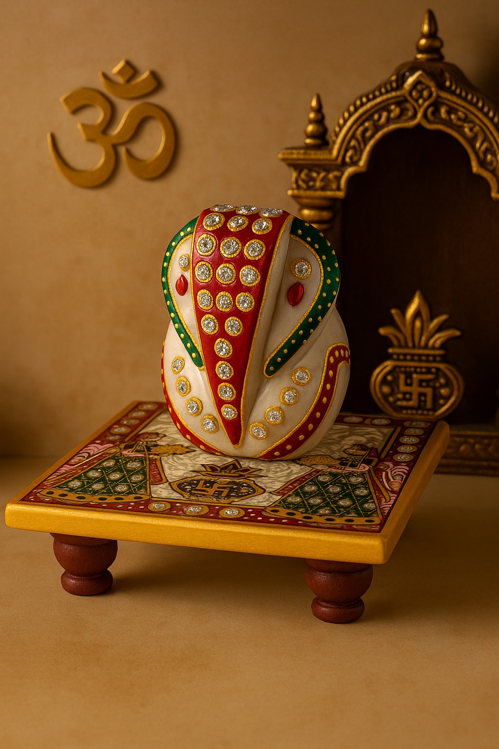 DEHATIBAZAR Decorative Marble Ganesh Chowki 4x4 inch | Set with Traditional Art | Kundan Work | Red and Green Design | Handcrafted