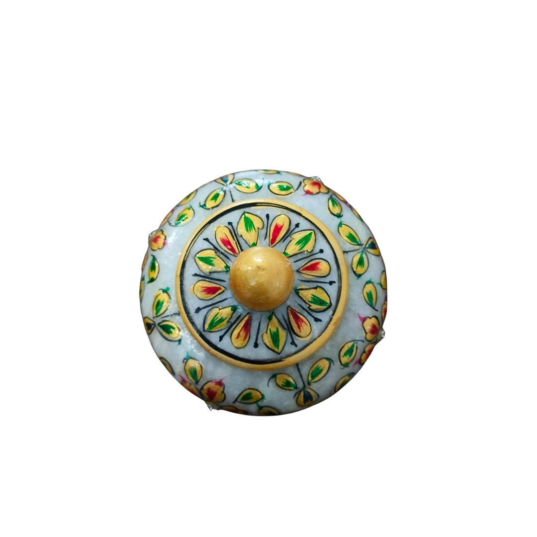 DEHATIBAZAR | Decorative Marble Sindoor Dani with Floral Design | Gold Accents and Crystal Embellishments. 3 inch