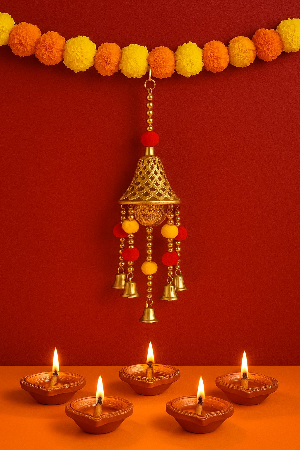 DEHATIBAZAR | Decorative Wind Chime Bell with Gold-Toned Lattice Design, Red and Yellow Pom Poms, Traditional Hanging Bells