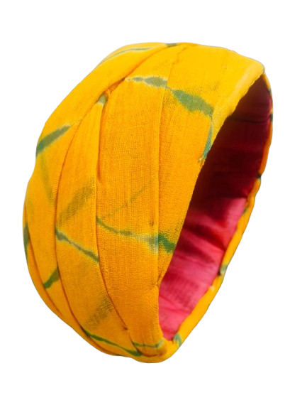 Stylish Jodhpuri Turban Head Wrap, Yellow with Green Pattern, Cotton Fabric