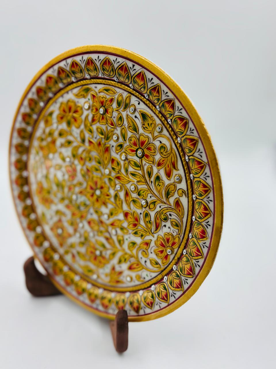 DEHATIBAZAR | Handcrafted Decorative Marble Plate with Floral Design | Gold and Red Pattern | Traditional Wall Art with Display Stand and packed in Velvet Box