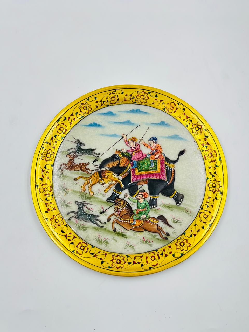 DEHATIBAZAR  | Handpainted Marble 9 inch Plate with Hunting Scene |  Gold Floral Border | Traditional Indian Art | Wooden Stand  Box