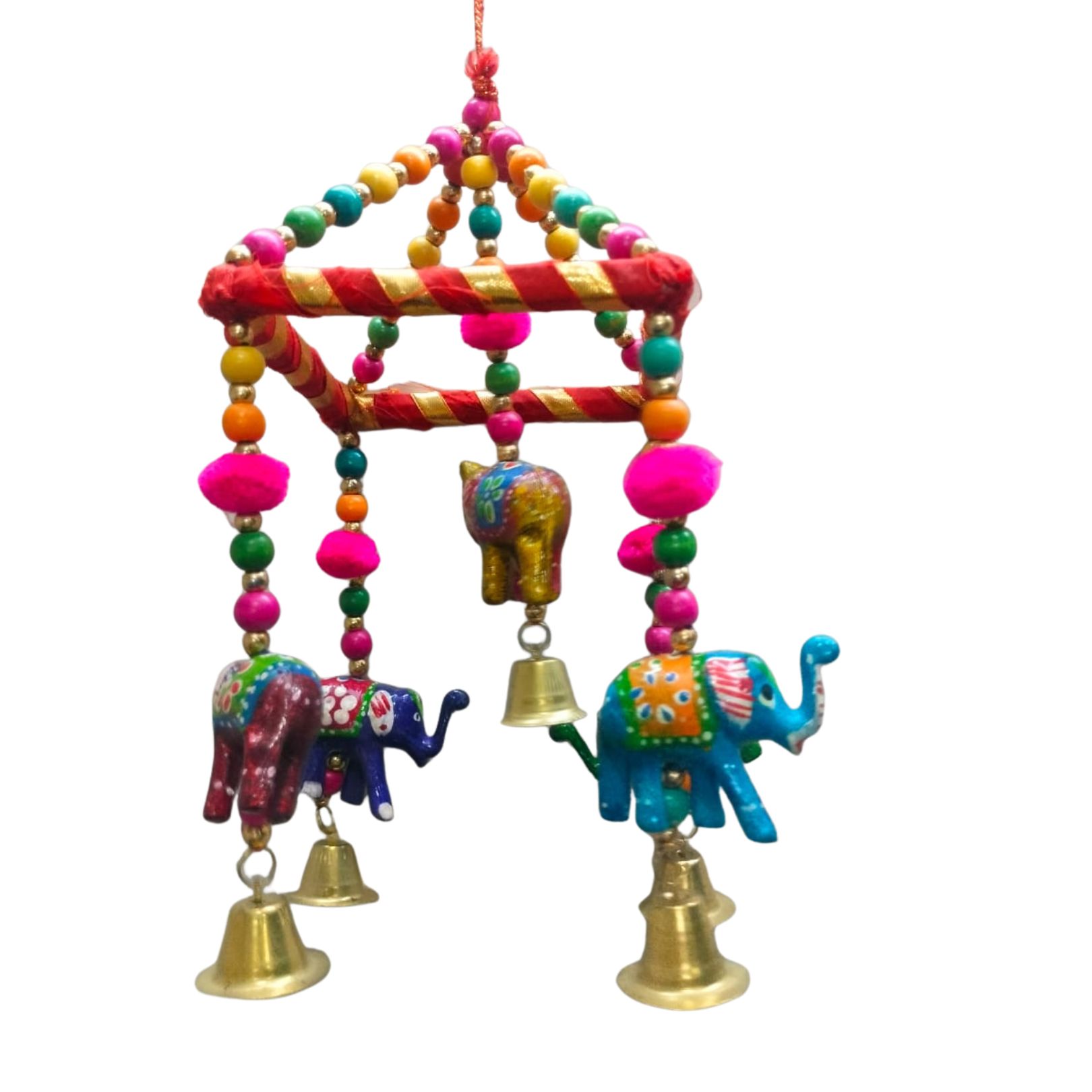 DEHATIBAZAR | Handcrafted Decorative Elephant Wind Chime, Multicolour Beaded Hanging with Brass Bells