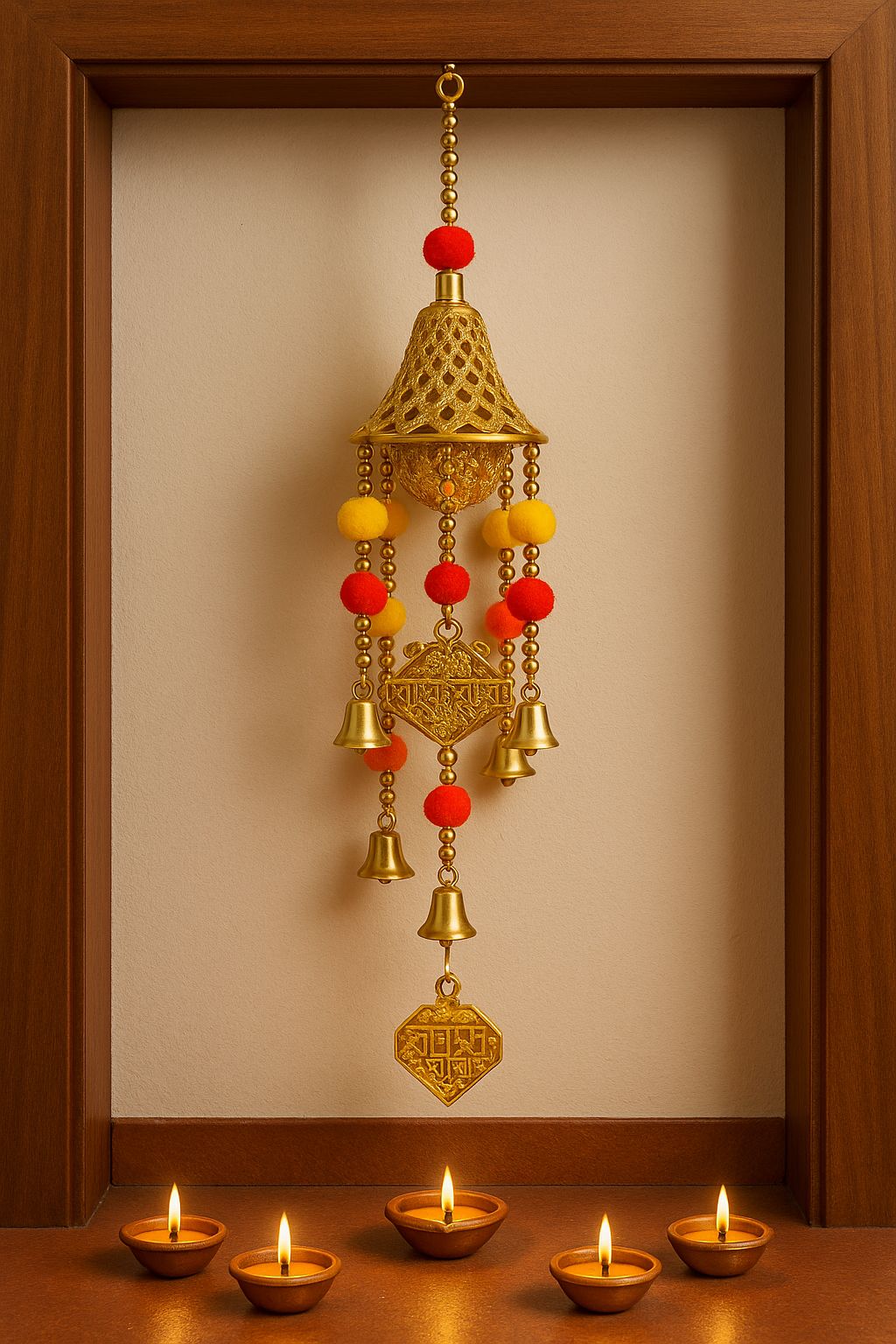 DEHATIBAZAR | Decorative Wind Chime Bell with Gold-Toned Lattice Design, Red and Yellow Pom Poms, Traditional Hanging Bells