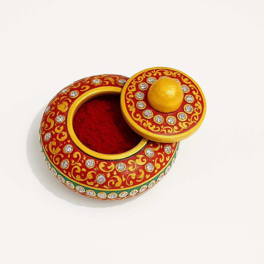 DEHATIBAZAR | Decorative Marble Sindoor Dani with Crystal Embellishments | Red and Gold Traditional Design, 3 inch