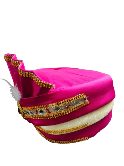 Traditional Pink Velvet Turban with Gold Trim and White Feather, Indian Wedding Pagdi, Bindayak pagdi for kids
