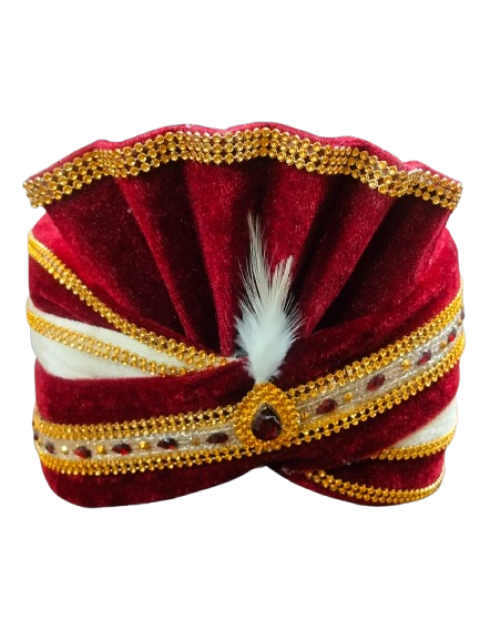 Traditional Maroon Velvet Turban with Gold Trim and White Feather, Indian Wedding Pagdi, Bindayak pagdi for kids
