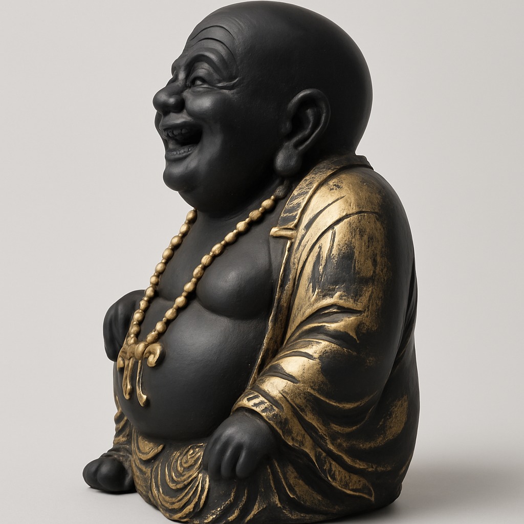 DEHATIBAZAR | Laughing Buddha Statue | Black and Gold | Traditional Decorative Figurine with Beaded Necklace