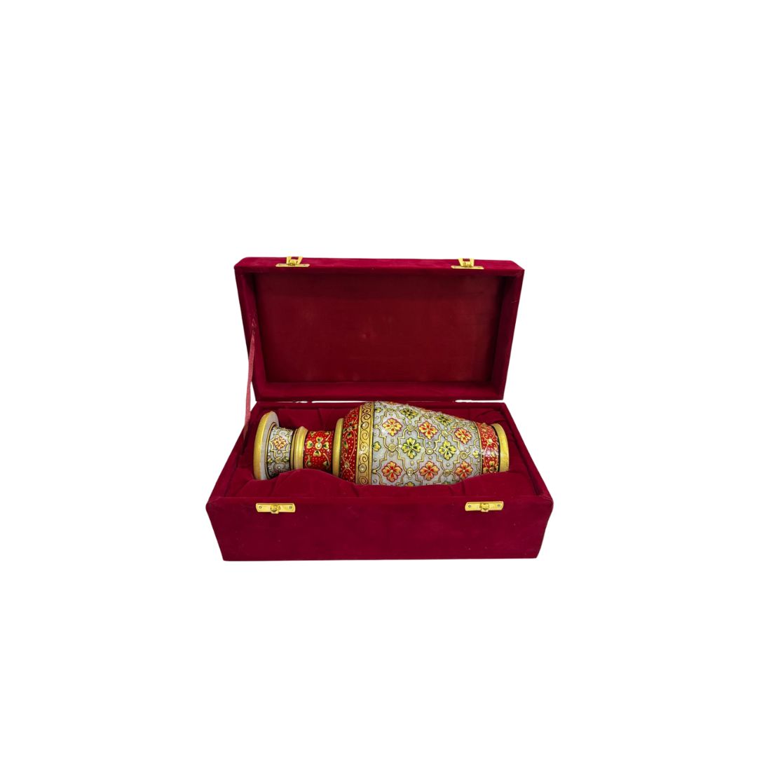 DEHATIBAZAR | Decorative Marble Vase 9 inch with Floral Design | Red and Gold Pattern | Velvet Gift Box