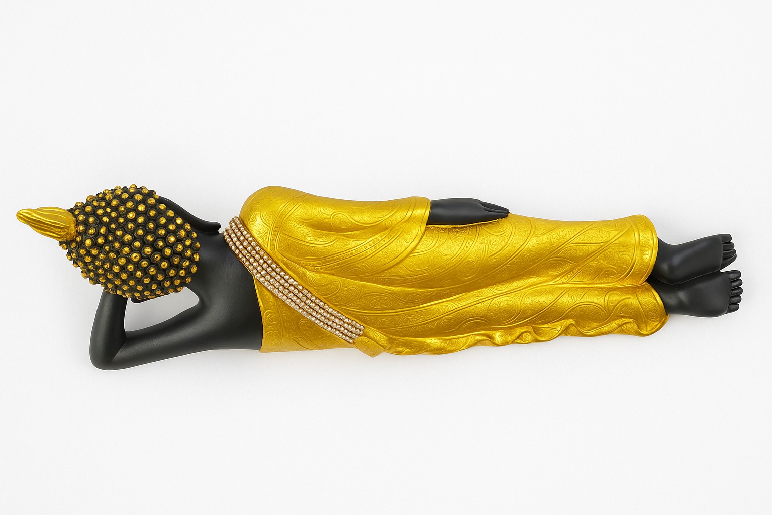 DEHATIBAZAR | Reclining Buddha Statue | Black and Gold | Decorative Figurine with Pearl Embellishments