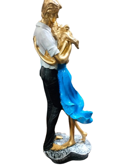 Romantic Dancing Couple Figurine, Gold and Blue Dress, Decorative Table Sculpture, 3D Art Statue