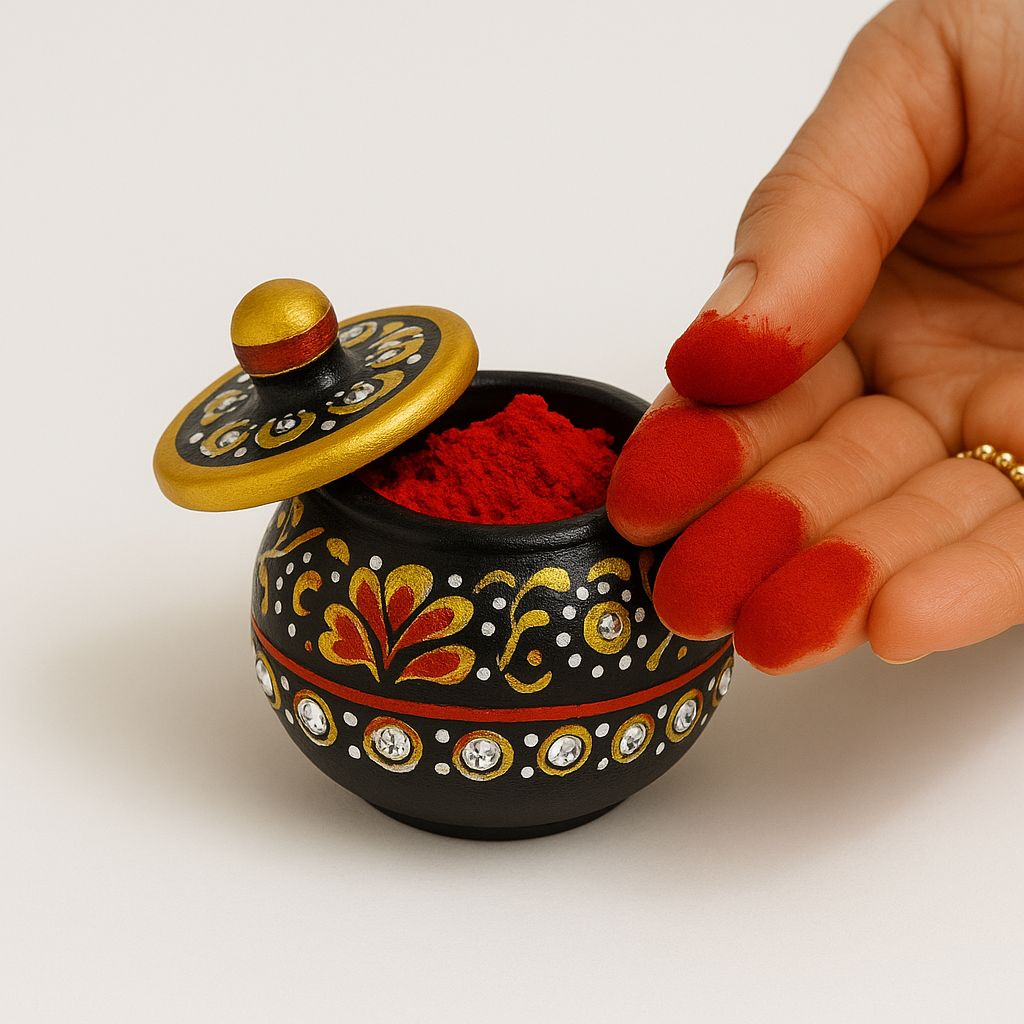 DEHATIBAZAR |Handcrafted Decorative Round Sindoor Dani | Black with Gold and Orange Folk Art Pattern | 2 inch Marble Trinket Container with Lid | Kukum Dabbi