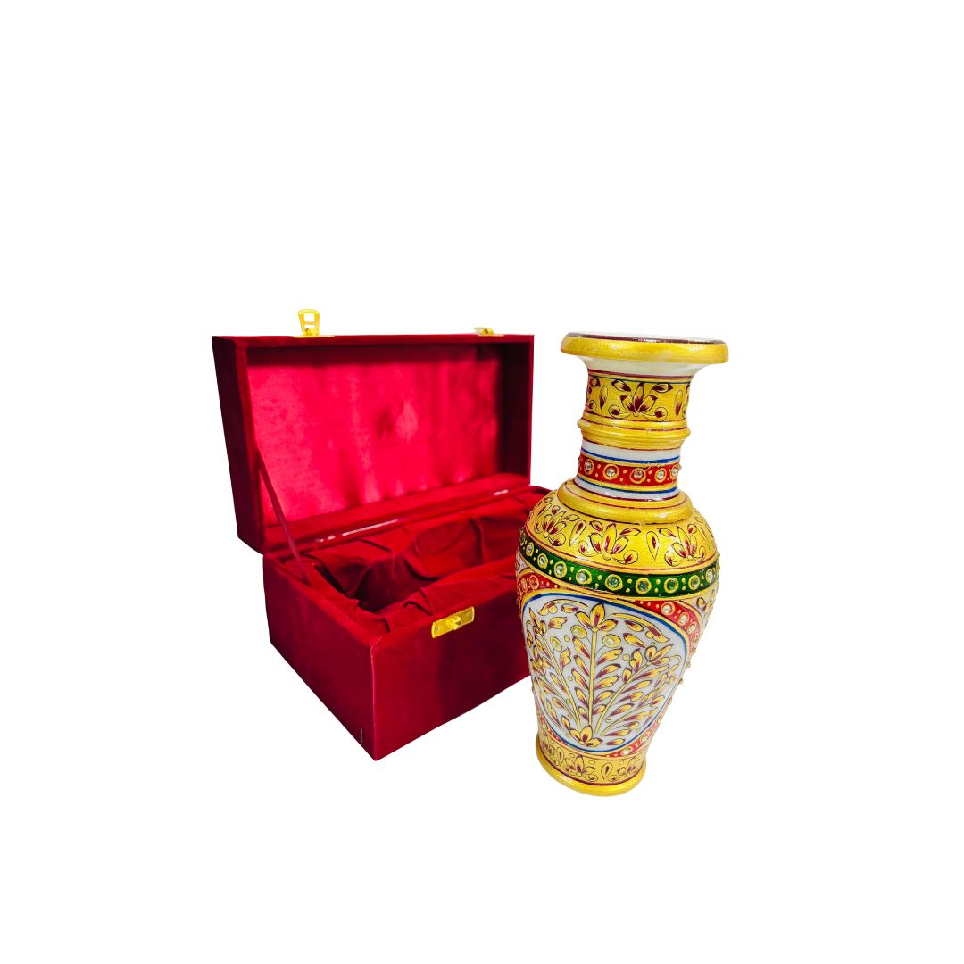 DEHATIBAZAR | Decorative Marble Vase 9 inch with Floral Design | Red and Gold Pattern | Velvet Gift Box