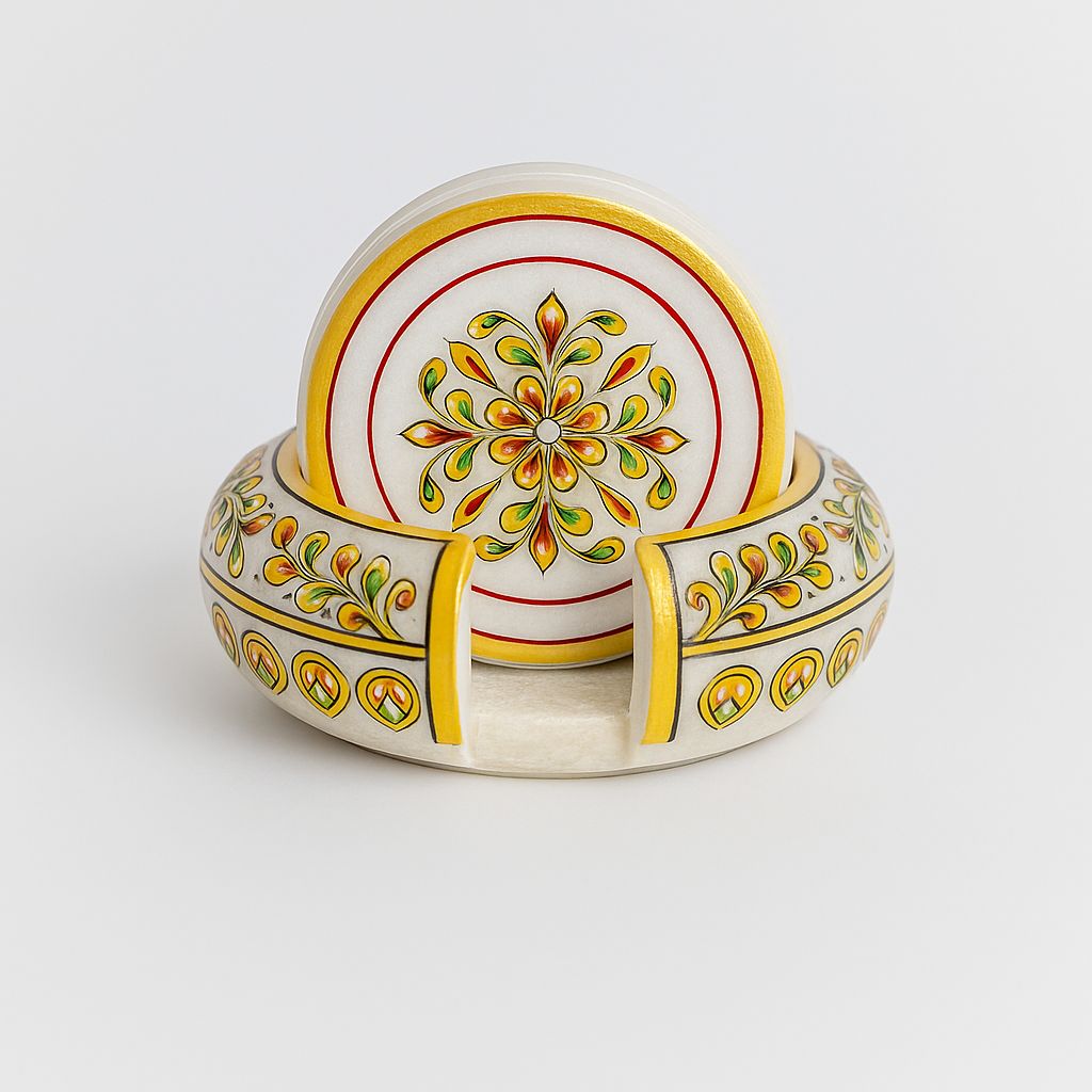 Handcrafted Premium White Marble Tea Coaster Set with Holder (Set of 6) – Traditional Floral Hand-Painted Table Decor