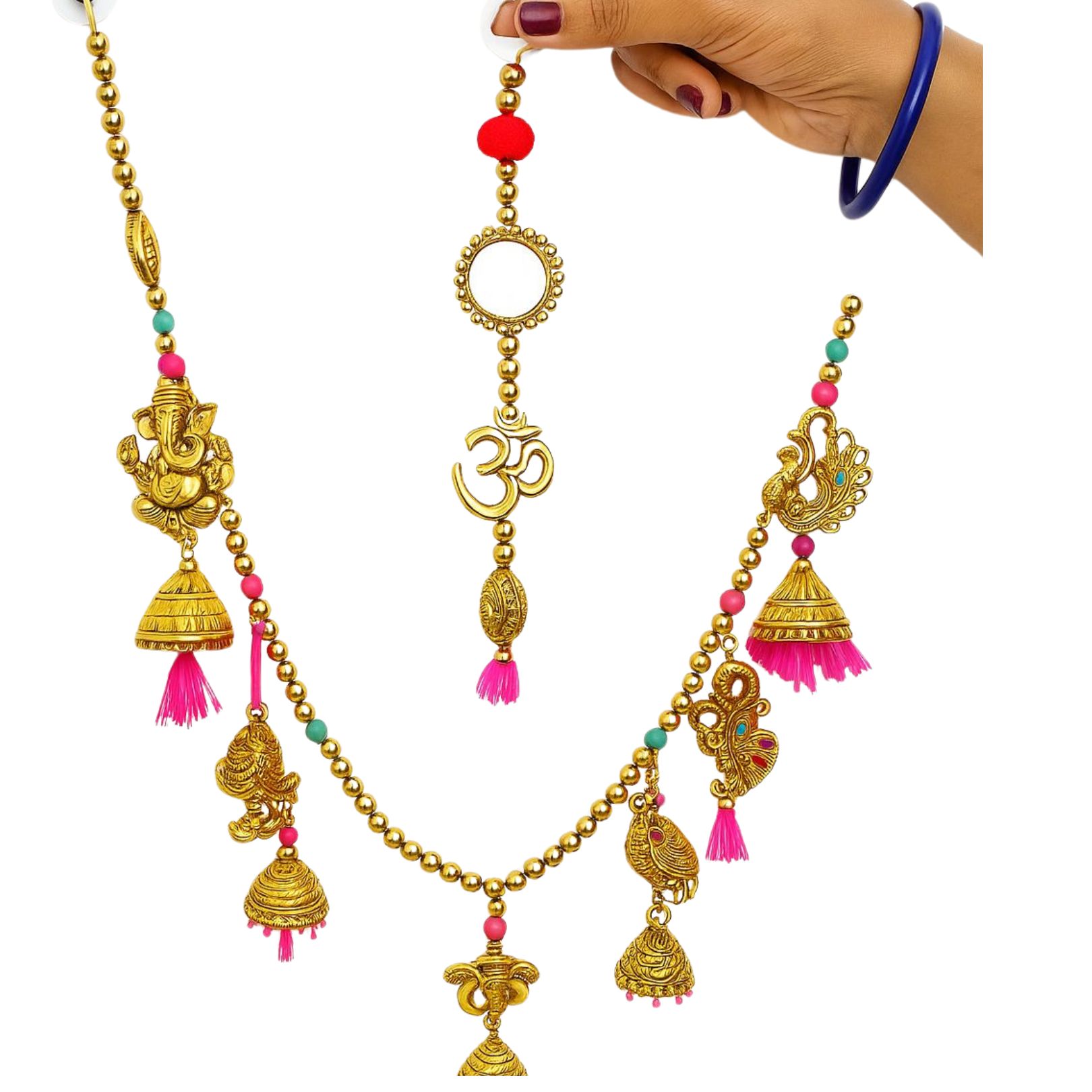 DEHATIBAZAR | Traditional Gold-Plated Om Toran with Pink Tassels, Brass Bells Hanging, Decorative Door Hanging