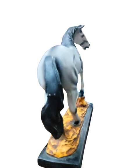 Decorative Horse Figurine, Grey and Black Resin Statue on Base