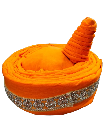 Traditional Bajeerao Pagdi, Orange Velvet with Silver Border, Wedding Turban