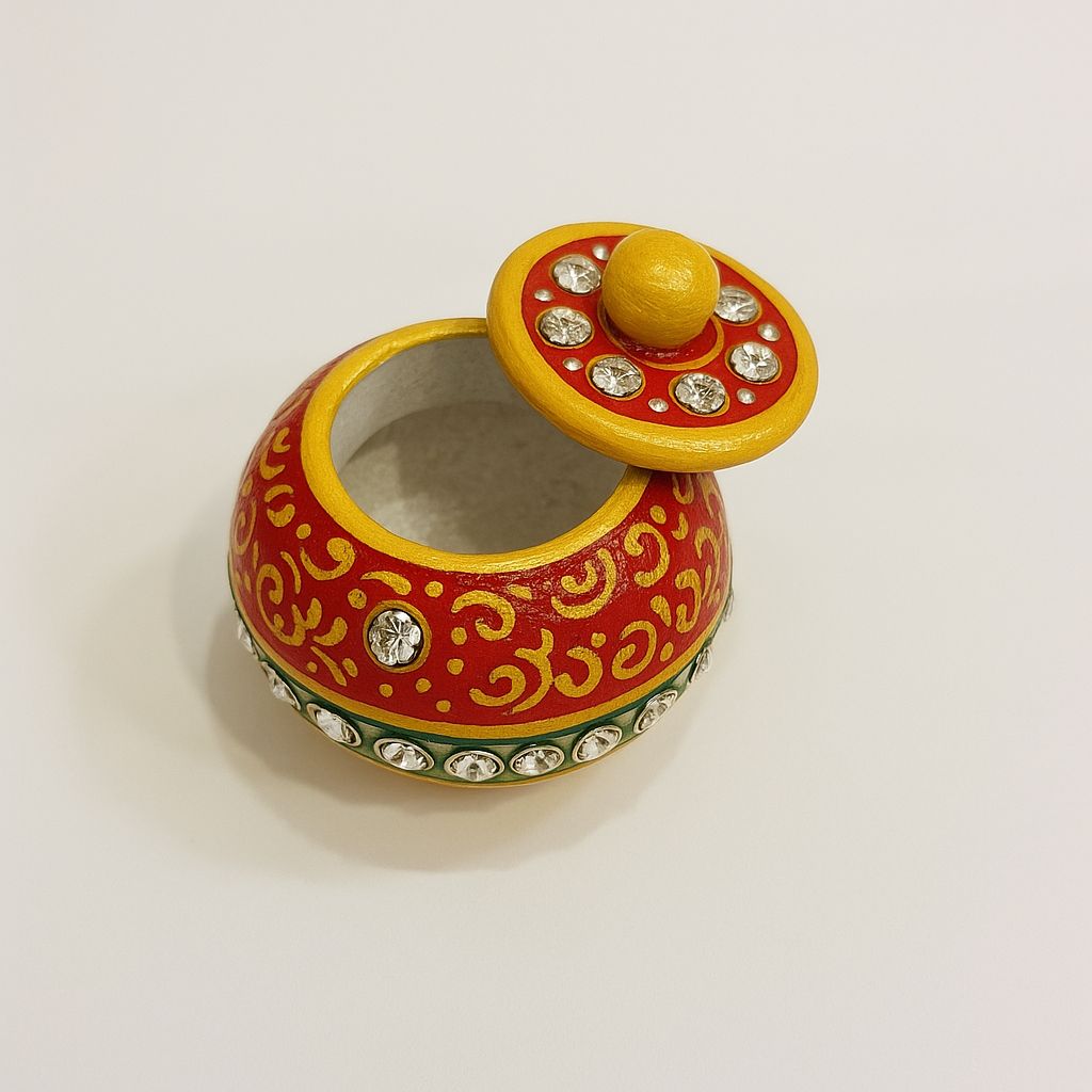 DEHATIBAZAR | Marble Sindoor Dani 2 inch with Lid |  Red and Gold Traditional Design | Hand-Painted Round Storage Container | Kukum Dabbi