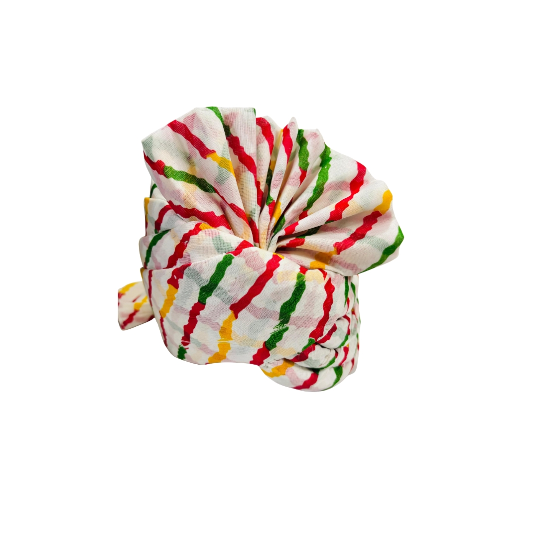 Festive Turban, Traditional Safa Pagdi, White with Red, Green, Yellow Stripes