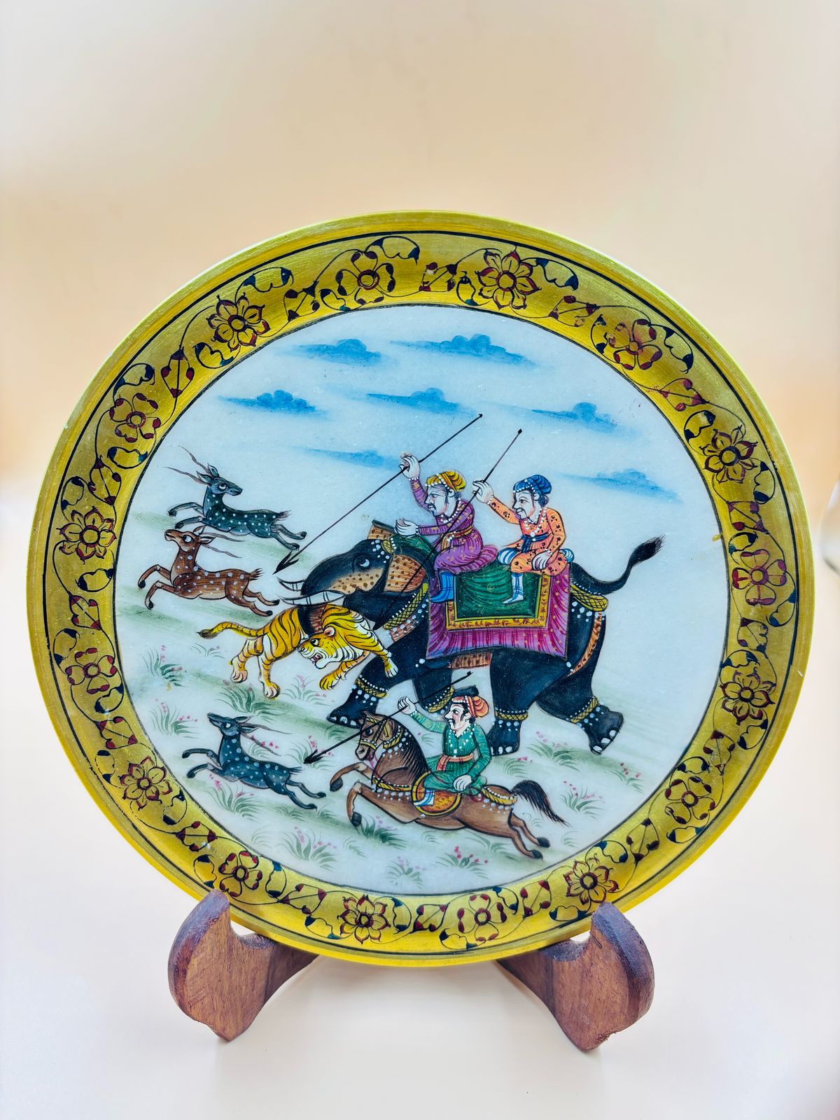 DEHATIBAZAR  | Handpainted Marble 9 inch Plate with Hunting Scene |  Gold Floral Border | Traditional Indian Art | Wooden Stand  Box