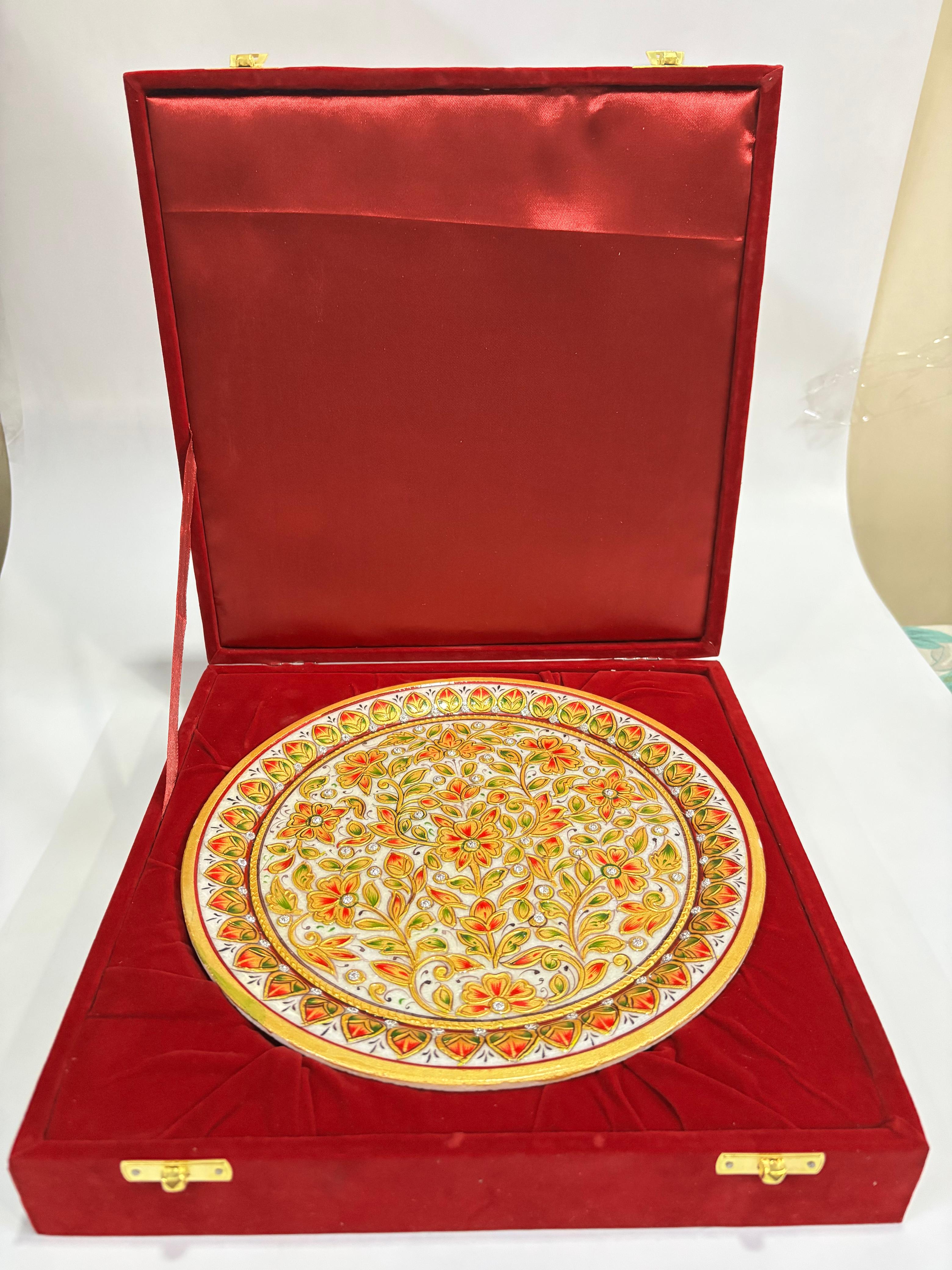 DEHATIBAZAR | Handcrafted Decorative Marble Plate with Floral Design | Gold and Red Pattern | Traditional Wall Art with Display Stand and packed in Velvet Box