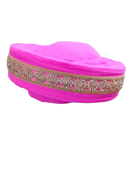 Traditional Bajeerao Pagdi, Pink Velvet with Gold Embroidered Border, Wedding Turban