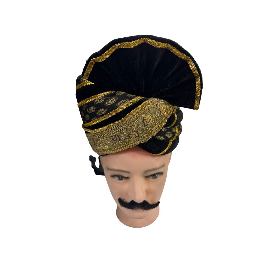 Traditional Black and Gold Turban, Brocade Pattern with Leaf Motifs, Decorative Pathani Safa