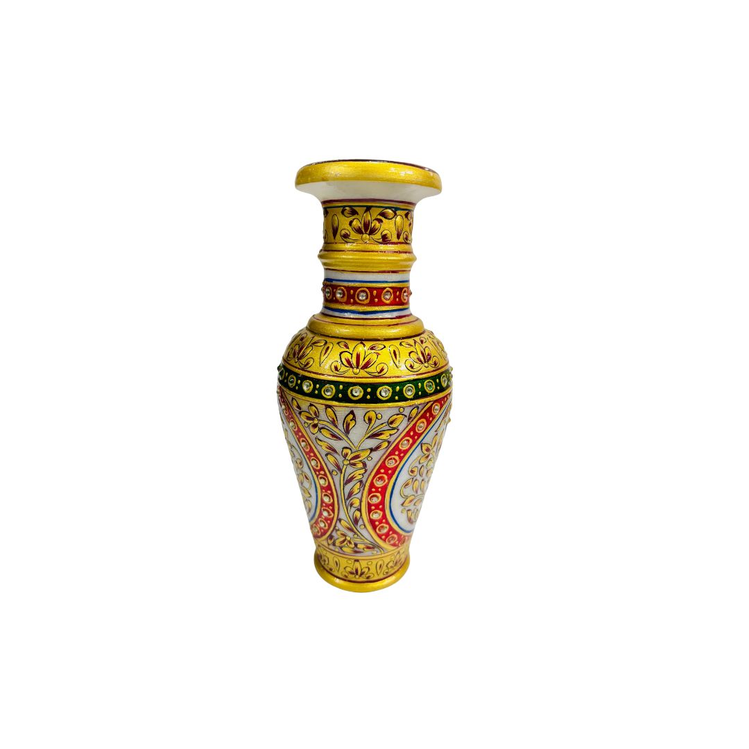 DEHATIBAZAR | Decorative Marble Vase 9 inch with Floral Design | Red and Gold Pattern | Velvet Gift Box