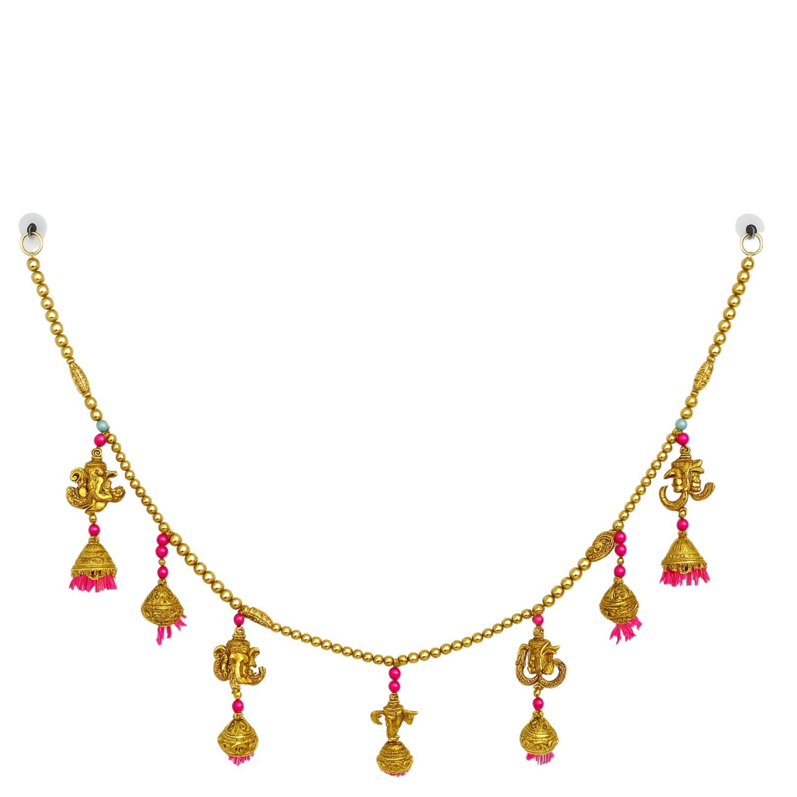 DEHATIBAZAR | Traditional Gold-Plated Om Toran with Pink Tassels, Brass Bells Hanging, Decorative Door Hanging