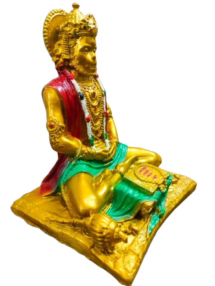Decorative Hindu Deity Hanuman Statue, Gold-Plated Finish, Red and Green Accents, Traditional Seated Pose, Pothy Hanuman