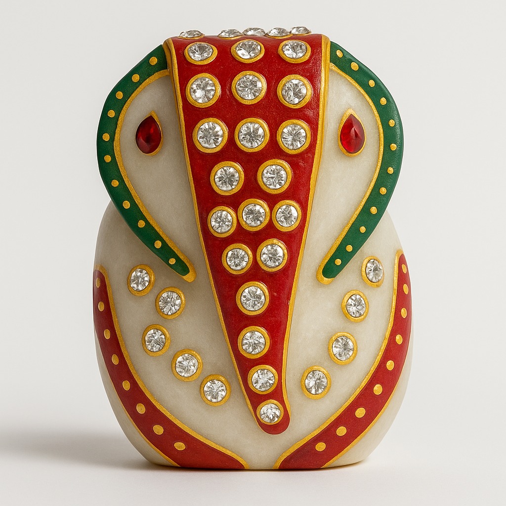 DEHATIBAZAR Decorative Marble Ganesh Chowki 4x4 inch | Set with Traditional Art | Kundan Work | Red and Green Design | Handcrafted