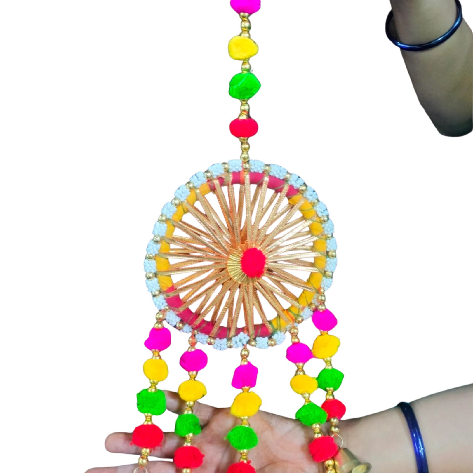 DEHATIBAZAR | Decorative Chakra Wall Hanging, Multicolour Beads with Bells, Traditional Indian Home Decor