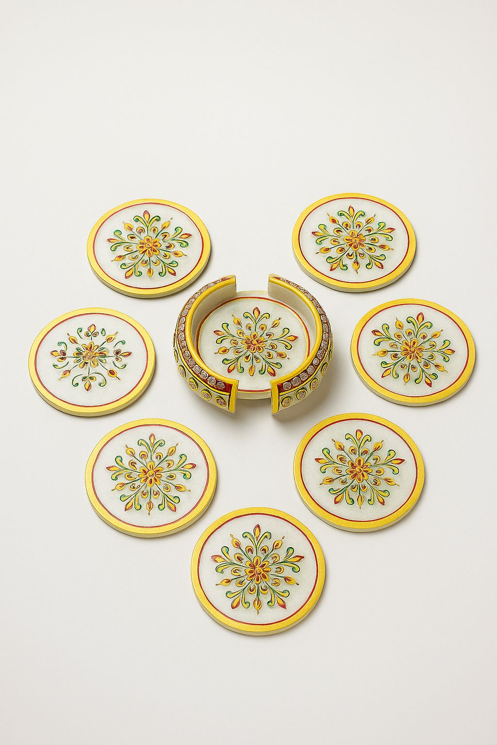 Handcrafted Premium White Marble Tea Coaster Set with Holder (Set of 6) – Traditional Floral Hand-Painted Table Decor