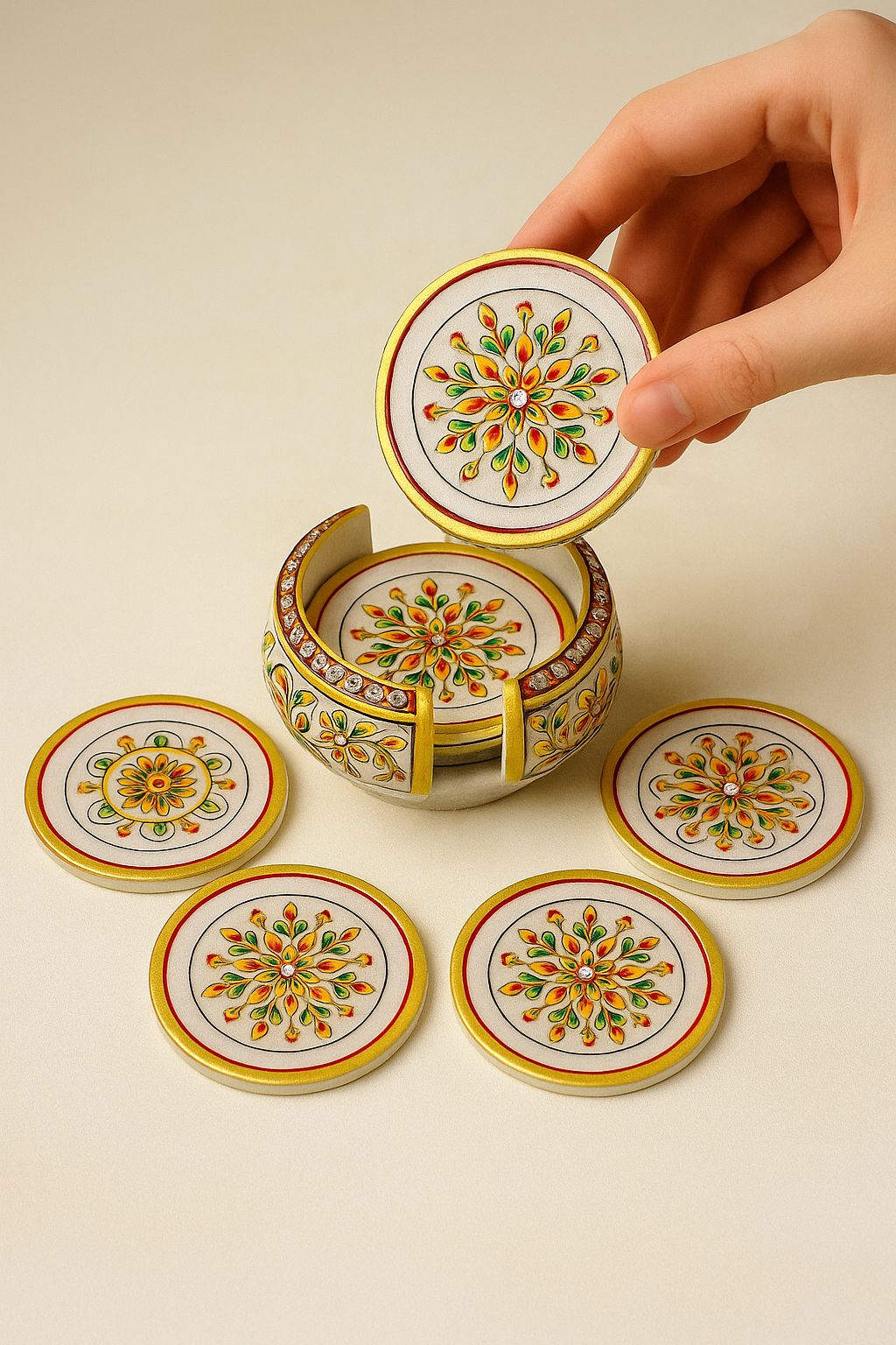 Handcrafted Premium White Marble Tea Coaster Set with Holder (Set of 6) – Traditional Floral Hand-Painted Table Decor