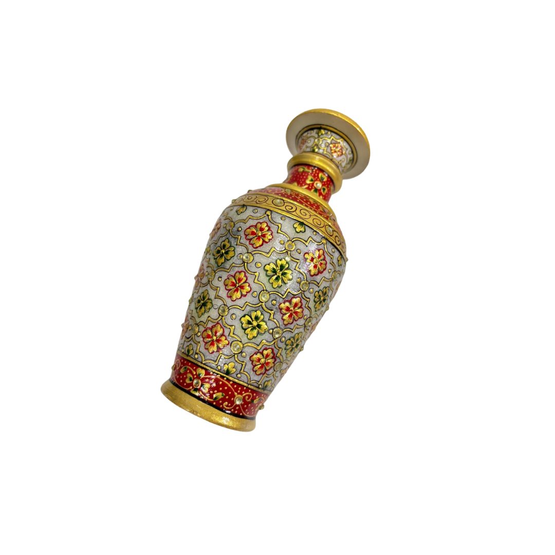 DEHATIBAZAR | Decorative Marble Vase 9 inch with Floral Design | Red and Gold Pattern | Velvet Gift Box