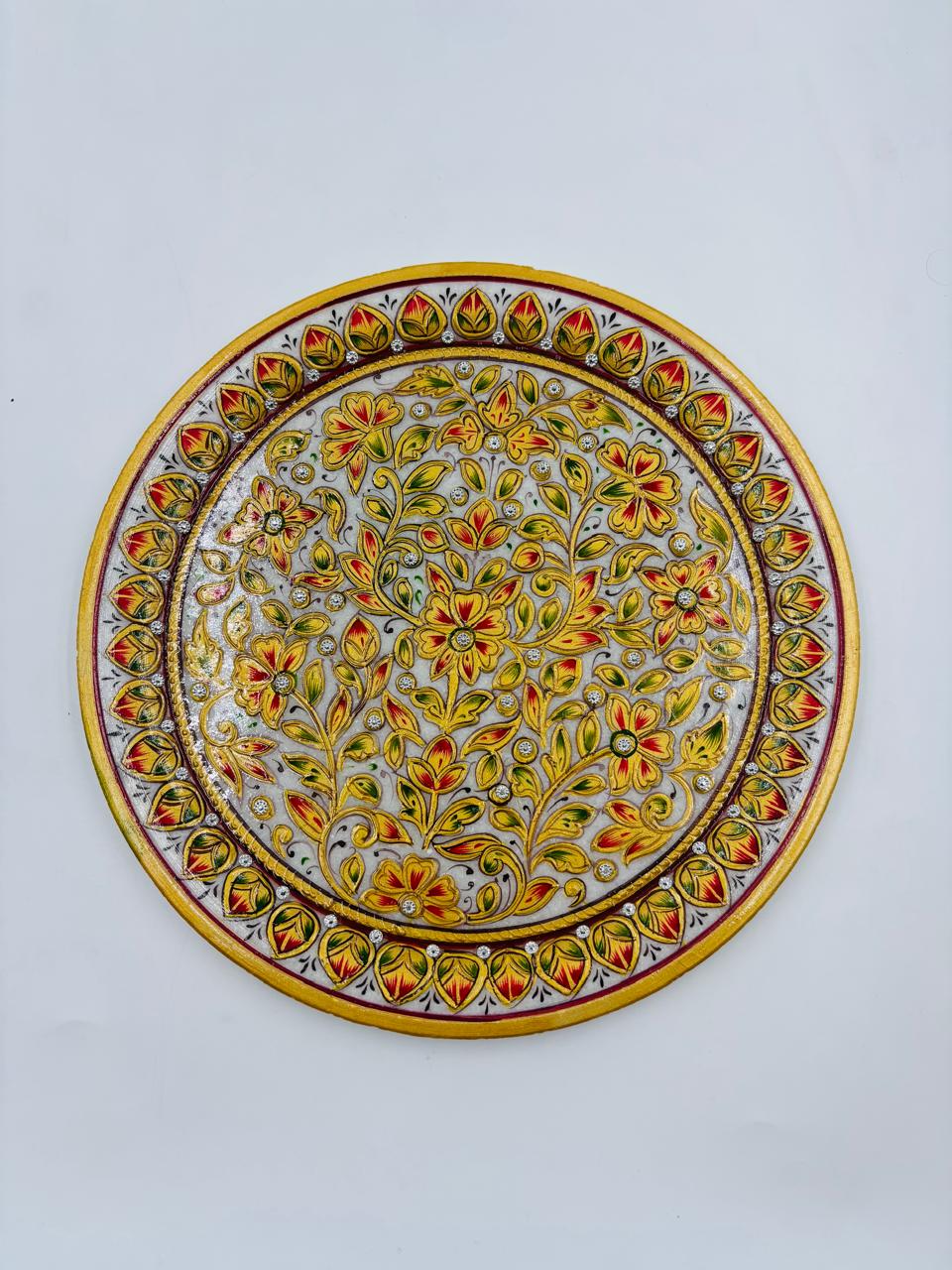 DEHATIBAZAR | Handcrafted Decorative Marble Plate with Floral Design | Gold and Red Pattern | Traditional Wall Art with Display Stand and packed in Velvet Box