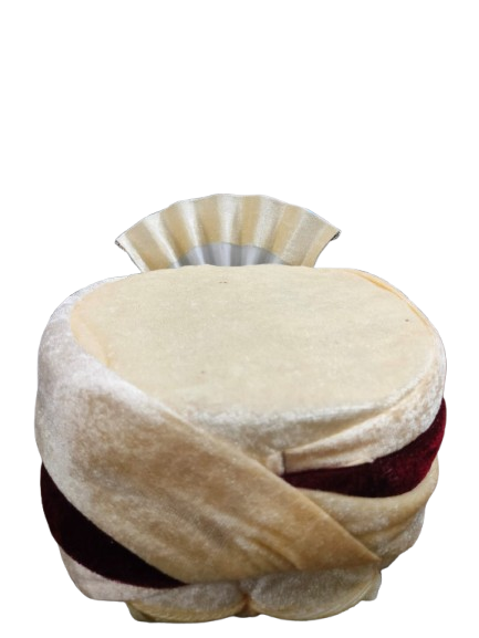 Traditional White Velvet Turban with Gold Trim and White Feather, Indian Wedding Pagdi, Bindayak pagdi for kids
