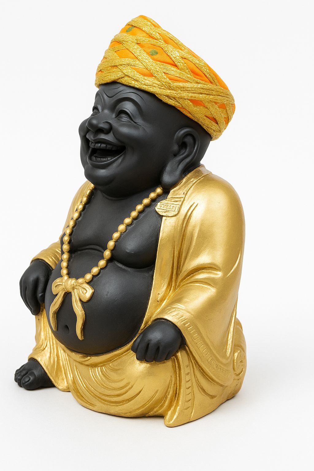 DEHATIBAZAR | Decorative Laughing Buddha Statue 6 inch  with Rajasthani Pagdi, Black and Gold Finish