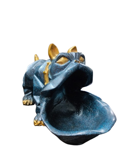 Toffy Dog Decorative Resin Figurine, Metallic Blue with Gold Accents, Geometric Design
