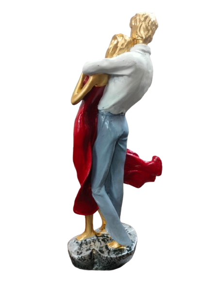 Romantic Dancing Couple Figurine, Red Dress and Blue Casual Wear, Decorative Resin Sculpture, Gold-Toned Accents