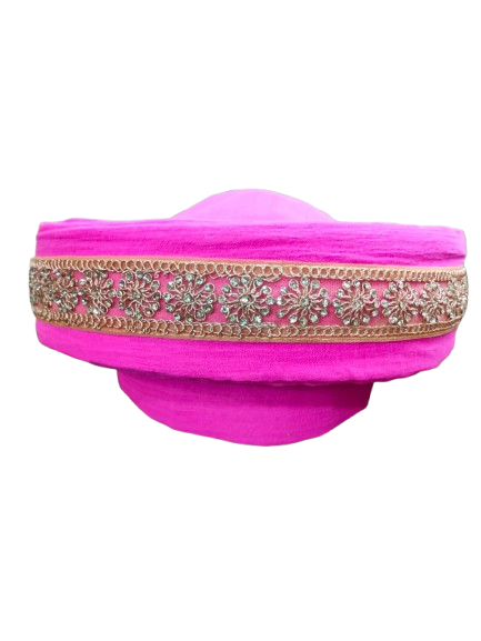 Traditional Bajeerao Pagdi, Pink Velvet with Gold Embroidered Border, Wedding Turban