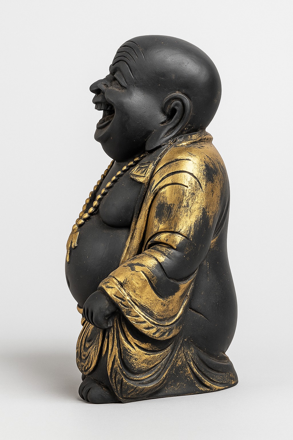 DEHATIBAZAR | Laughing Buddha Statue | Black and Gold | Traditional Decorative Figurine with Beaded Necklace