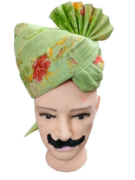Traditional Indian Safa, Floral Print, Light Green with Red Flowers Turban