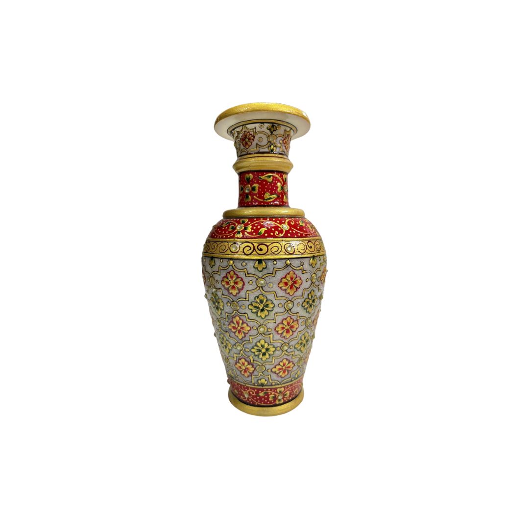 DEHATIBAZAR | Decorative Marble Vase 9 inch with Floral Design | Red and Gold Pattern | Velvet Gift Box
