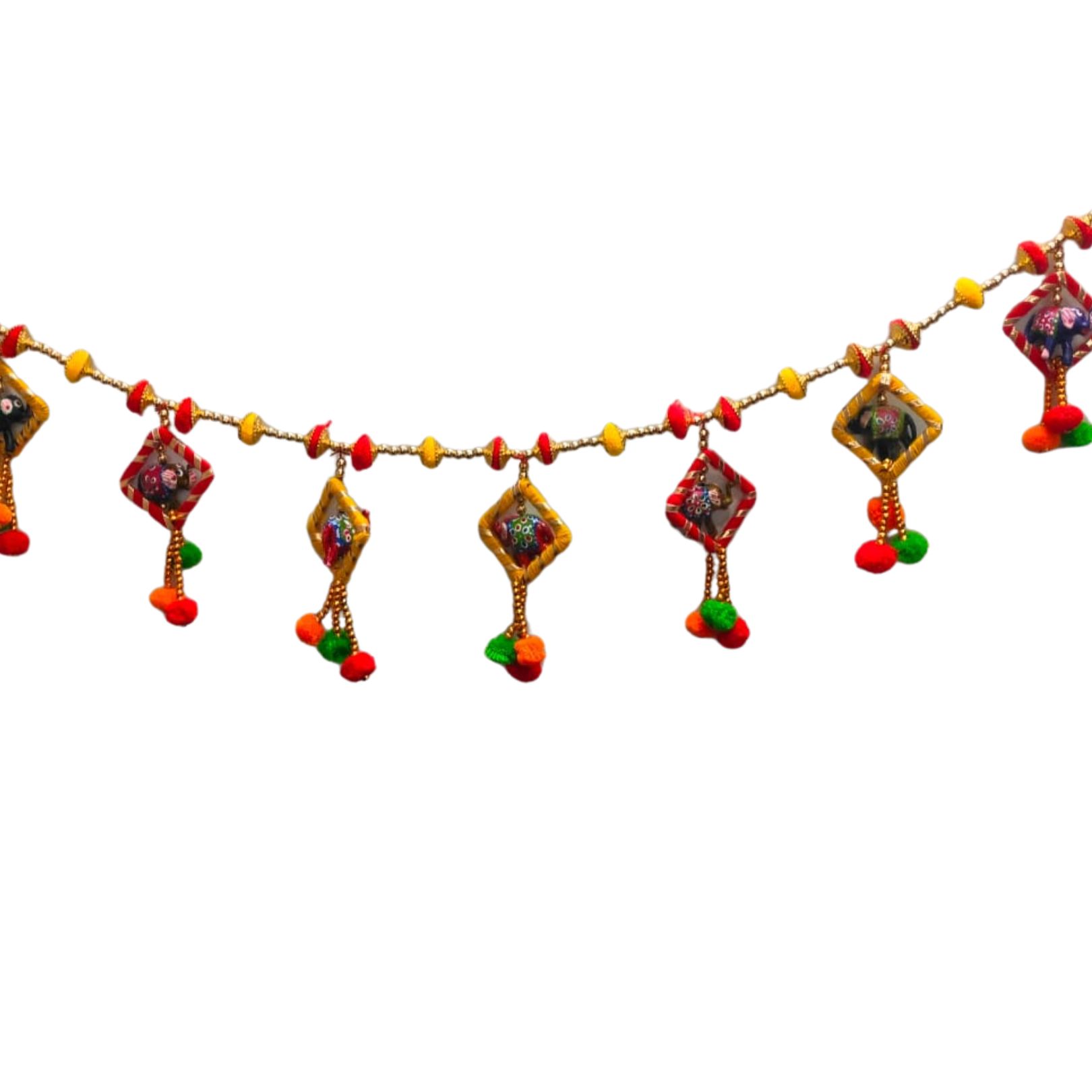 DEHATIBAZAR | Traditional Gold-Plated Om Toran with Pink Tassels, Brass Bells Hanging, Decorative Door Hanging