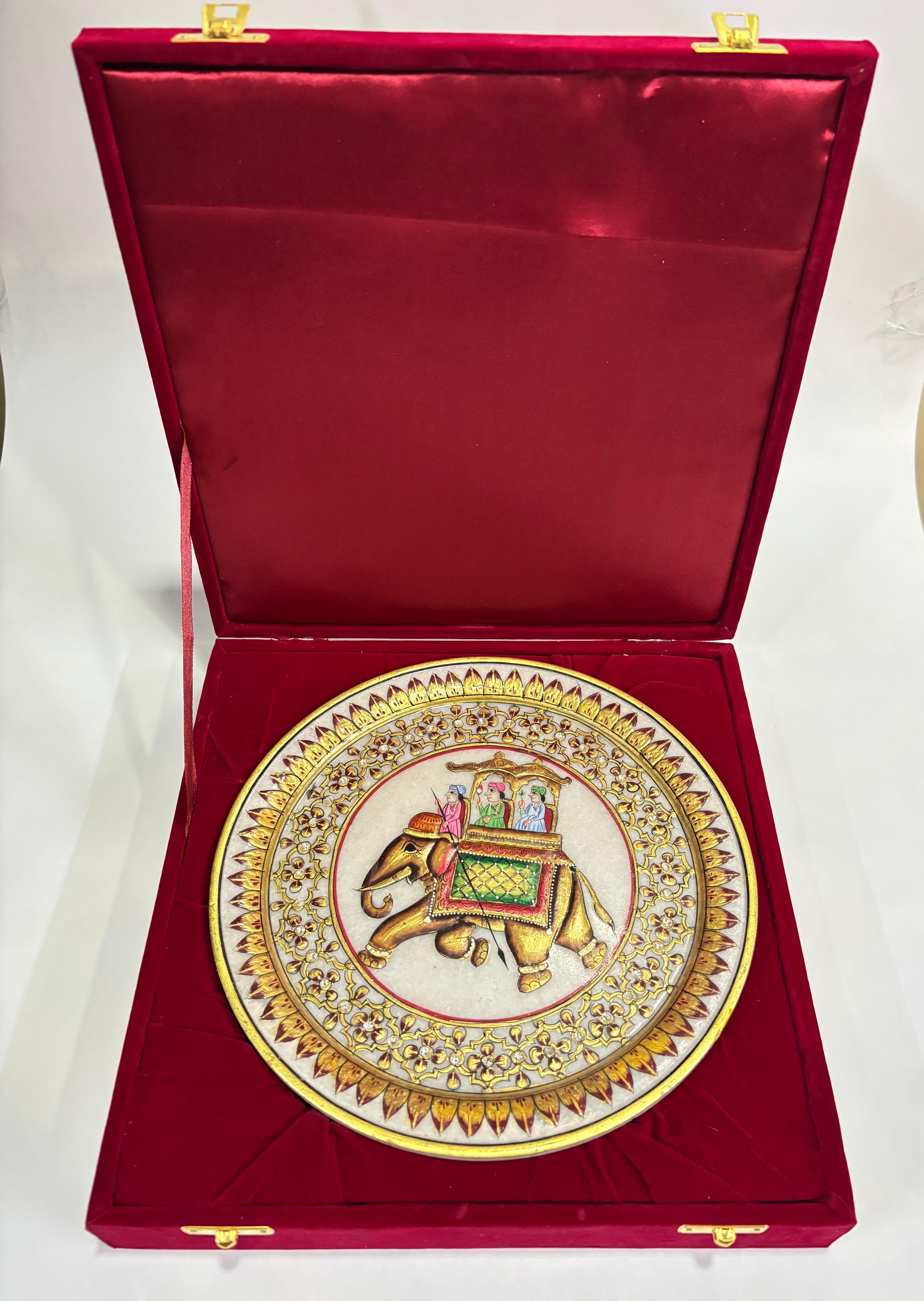 DEHATIBAZAR | Decorative Marble Plate 9" with Elephant Design | Hand-Painted | with Wooden Stand and packed in Velvet Box