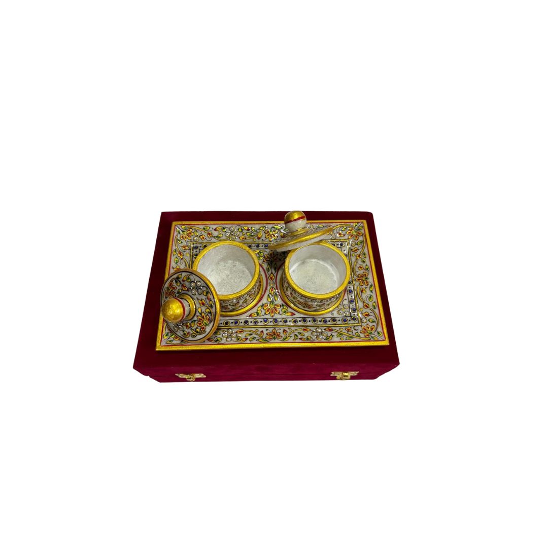DEHATIBAZAR| Marble Meenakari Decorative Dry Fruit Box Set with 4 Containers and Tray | Gold Painted with Velvet Case