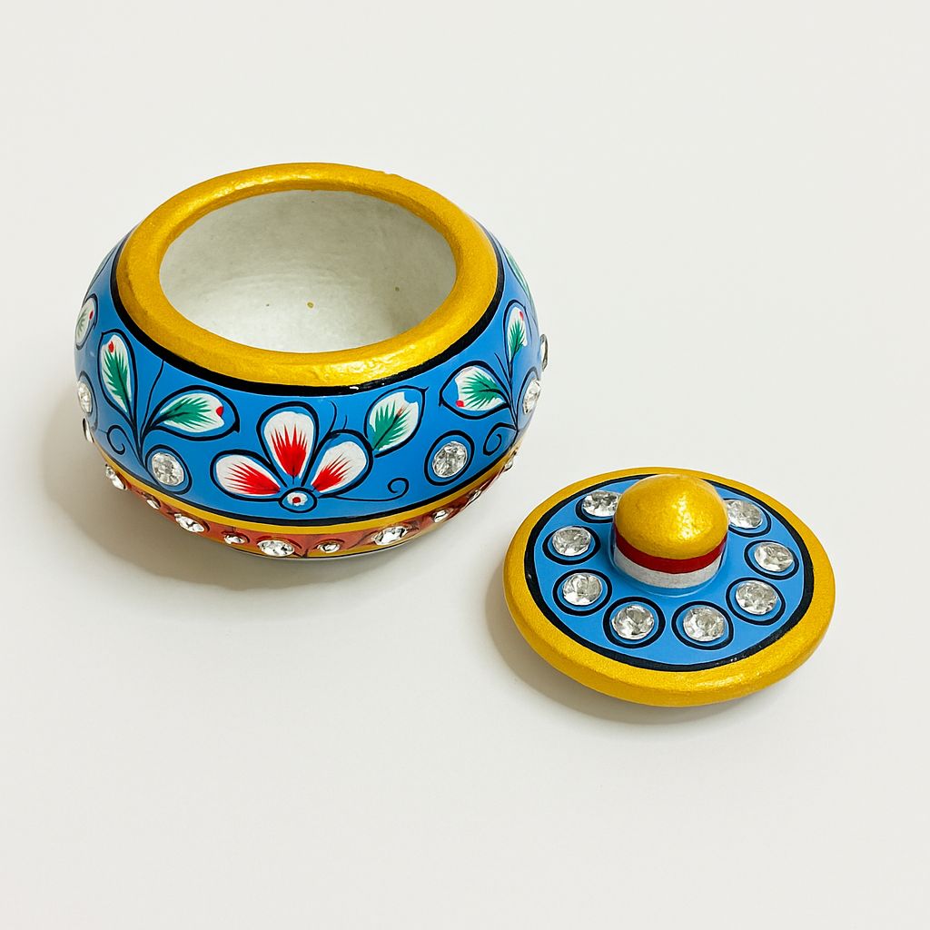 DEHATIBAZAR | Handcrafted Decorative Sindoor Dani, Blue and Gold Floral Design with Crystal Accents | Round 2 inch Trinket Storage Container | Kukum Dabbi