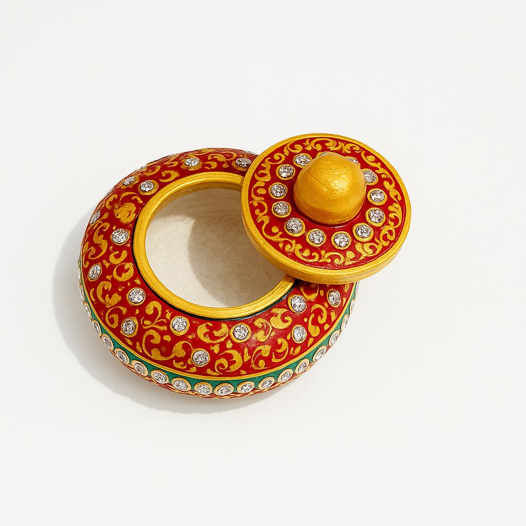 DEHATIBAZAR | Decorative Marble Sindoor Dani with Crystal Embellishments | Red and Gold Traditional Design, 3 inch